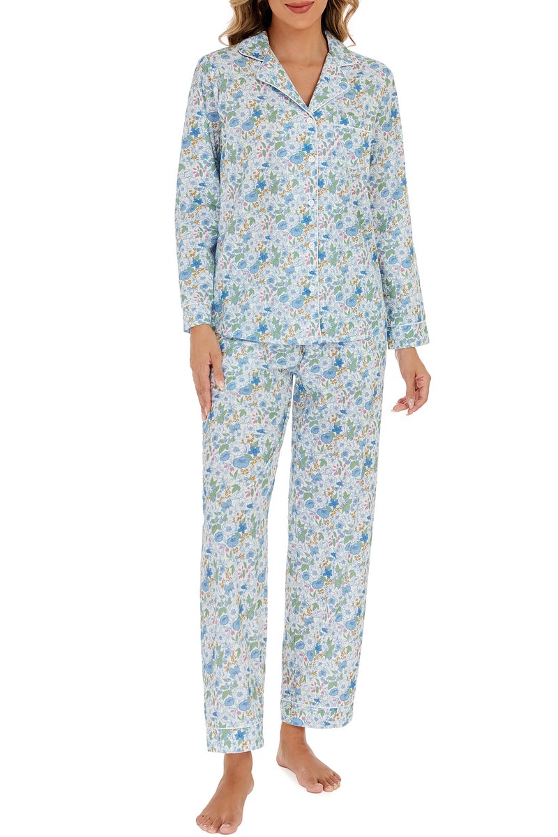 LUBOT 100% Cotton Pajamas for Women 2PC PJ Set Poplin Pajama Set Woven Long Sleeve Button-Down Two Piece Printed Sleepwear Loungewear Set (Peony, M) - Image 5