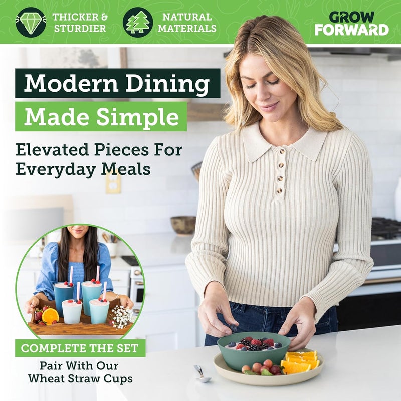 Grow Forward Premium Wheat Straw Plates and Bowls Sets - 8 Unbreakable Microwave Safe Dishes - Reusable Wheat Straw Dinnerware Sets - Plastic Plates and Bowls Alternative for Camping, RV - Oasis - Image 5