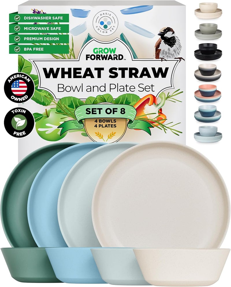 Grow Forward Premium Wheat Straw Plates and Bowls Sets - 8 Unbreakable Microwave Safe Dishes - Reusable Wheat Straw Dinnerware Sets - Plastic Plates and Bowls Alternative for Camping, RV - Oasis - Image 1