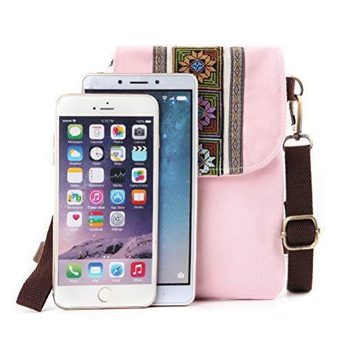 SILKAREA Vintage Embroidered Canvas Flip Small Crossbody Bag Cell Phone Pouch for Women Wristlet Wallet Bag Coin Purse (Pink) - Image 3