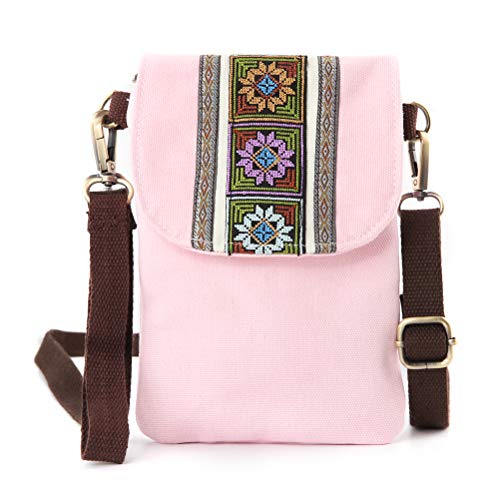 SILKAREA Vintage Embroidered Canvas Flip Small Crossbody Bag Cell Phone Pouch for Women Wristlet Wallet Bag Coin Purse (Pink) - Image 1