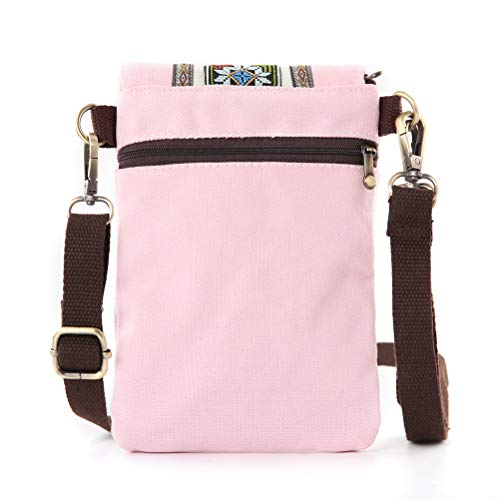 SILKAREA Vintage Embroidered Canvas Flip Small Crossbody Bag Cell Phone Pouch for Women Wristlet Wallet Bag Coin Purse (Pink) - Image 2
