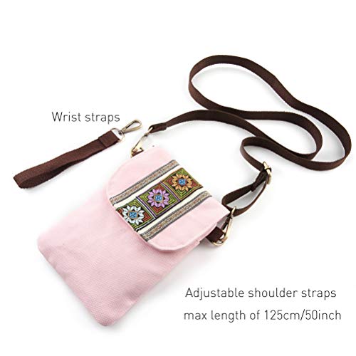 SILKAREA Vintage Embroidered Canvas Flip Small Crossbody Bag Cell Phone Pouch for Women Wristlet Wallet Bag Coin Purse (Pink) - Image 5