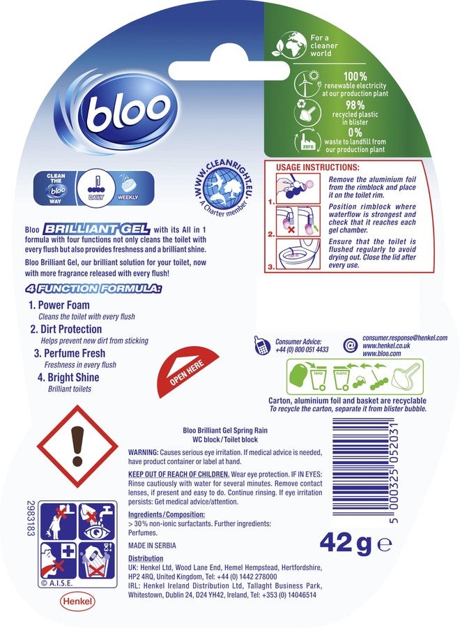 Bloo Brilliant Gel All in 1 Toilet Rim Block Cleaner, Spring Rain Fresh Scent, for All-Around Cleanliness, Long Lasting Freshness and Brilliant Shine, 42g - Image 2