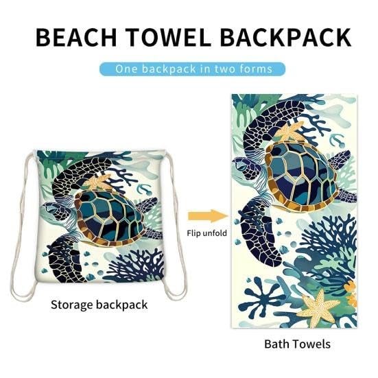 EDBIRET EDBIRET Beach Towel Backpack with Drawstring 2 in 1 Folding Towel Printing Convertible Microfiber Beach Towels Soft and Absorbent Large Bath Towel (Blue Turtle, 140 x 70 cm)  - Image 5