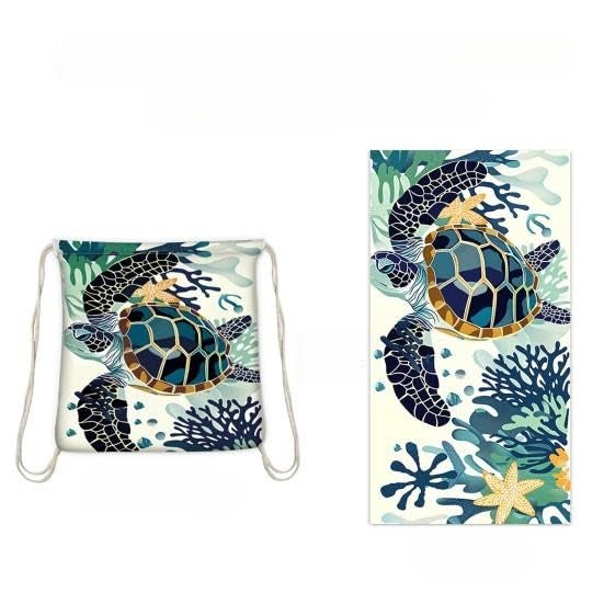 EDBIRET EDBIRET Beach Towel Backpack with Drawstring 2 in 1 Folding Towel Printing Convertible Microfiber Beach Towels Soft and Absorbent Large Bath Towel (Blue Turtle, 140 x 70 cm)  - Image 1
