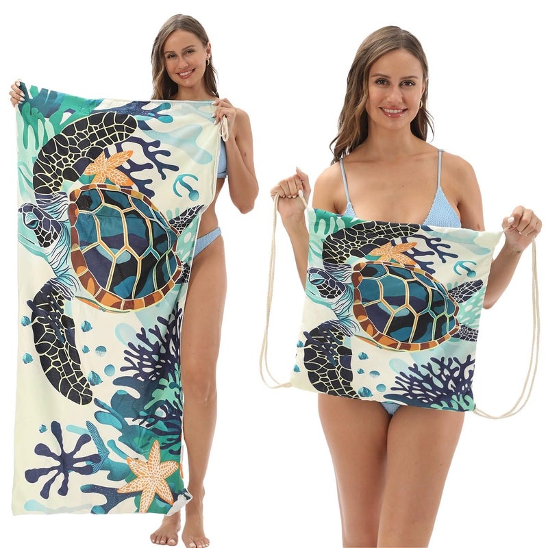 EDBIRET EDBIRET Beach Towel Backpack with Drawstring 2 in 1 Folding Towel Printing Convertible Microfiber Beach Towels Soft and Absorbent Large Bath Towel (Blue Turtle, 140 x 70 cm)  - Image 2