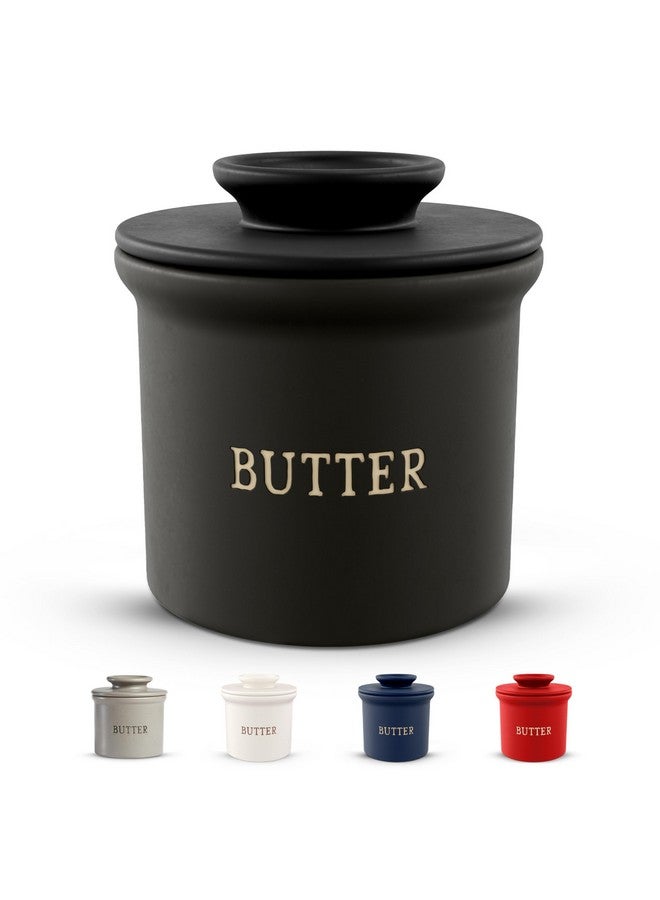 Kook Butter Crock With Lid, Soft Spreadable Butter, Ceramic French Butter Keeper To Leave On Counter With Water Line, Butter Dish, Home And Kitchen Decor, Perfect For Christmas Gift (Black) - Image 1