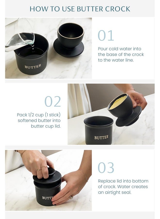 Kook Butter Crock With Lid, Soft Spreadable Butter, Ceramic French Butter Keeper To Leave On Counter With Water Line, Butter Dish, Home And Kitchen Decor, Perfect For Christmas Gift (Black) - Image 5