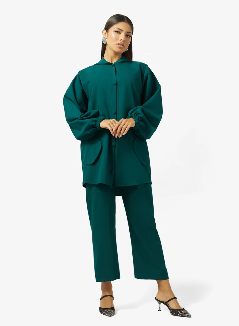 Hood Detailed blouse and pants set