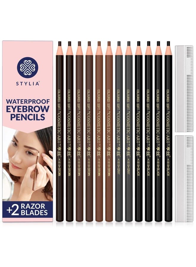 Stylia Waterproof Eyebrow Pencils For Women – Long-Lasting Microblading Supplies Brow Pencil, Perfect for Eyebrow Shaper, Filling & Defining Natural-Looking Brow - (12PC in 5 Colors) - Image 1