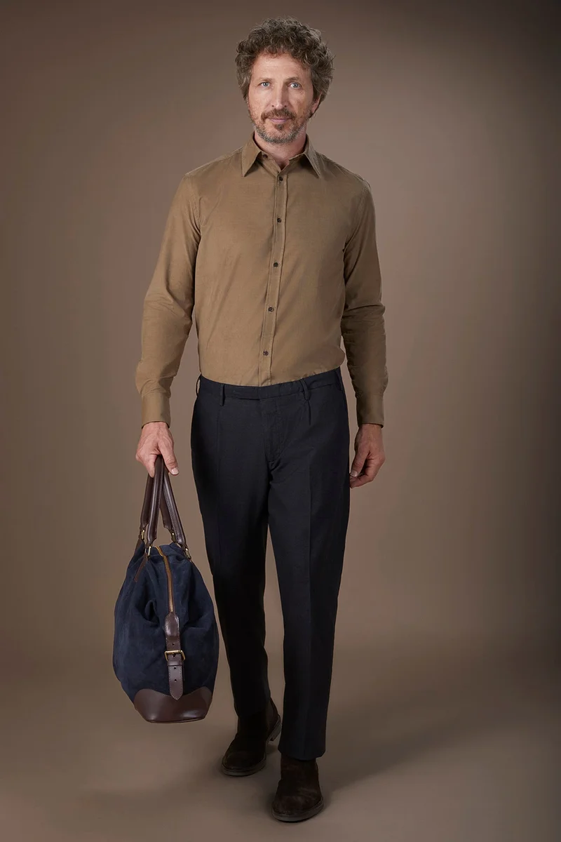 دوبل غانغر Men's casual shirt in 100% cotton 1000 Stripe velvet fabric plain colour - Beige