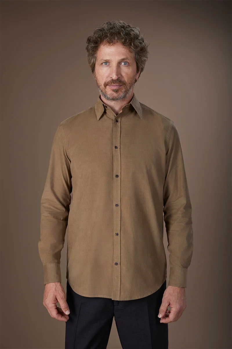 دوبل غانغر Men's casual shirt in 100% cotton 1000 Stripe velvet fabric plain colour - Beige