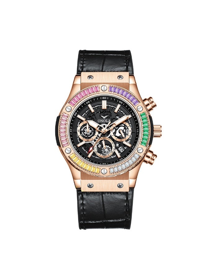 ONOLA Stylish Rainbow Diamond Genuine Leather Multifunctional Waterproof Quartz Watch - Image 1