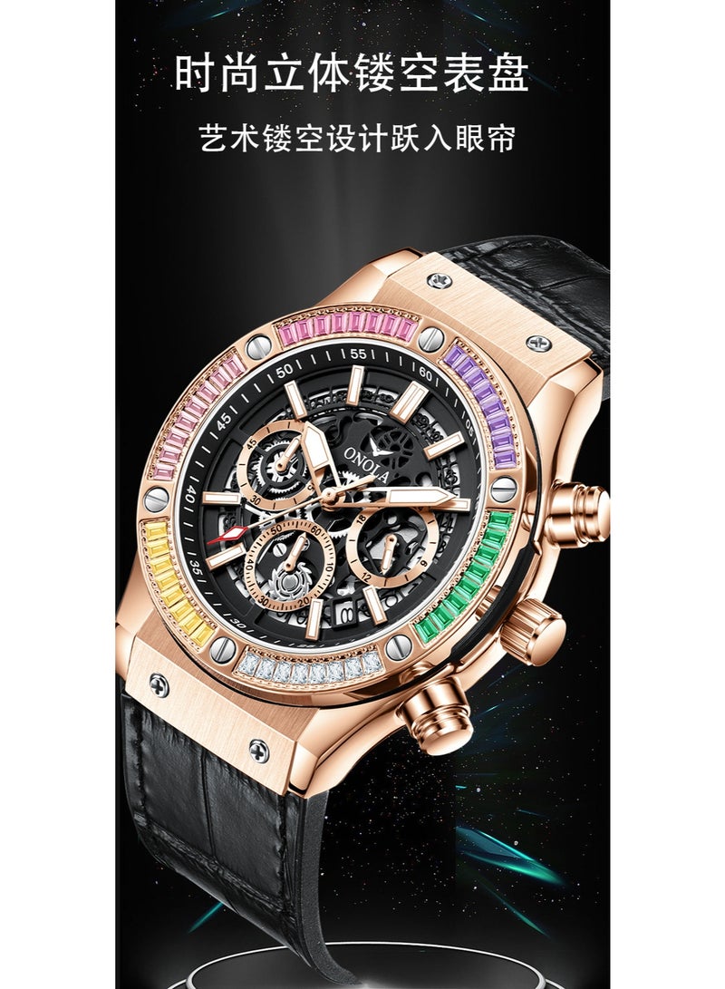 ONOLA Stylish Rainbow Diamond Genuine Leather Multifunctional Waterproof Quartz Watch - Image 3