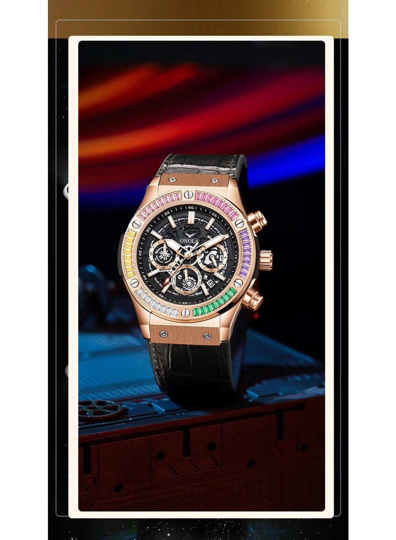 ONOLA Stylish Rainbow Diamond Genuine Leather Multifunctional Waterproof Quartz Watch - Image 2