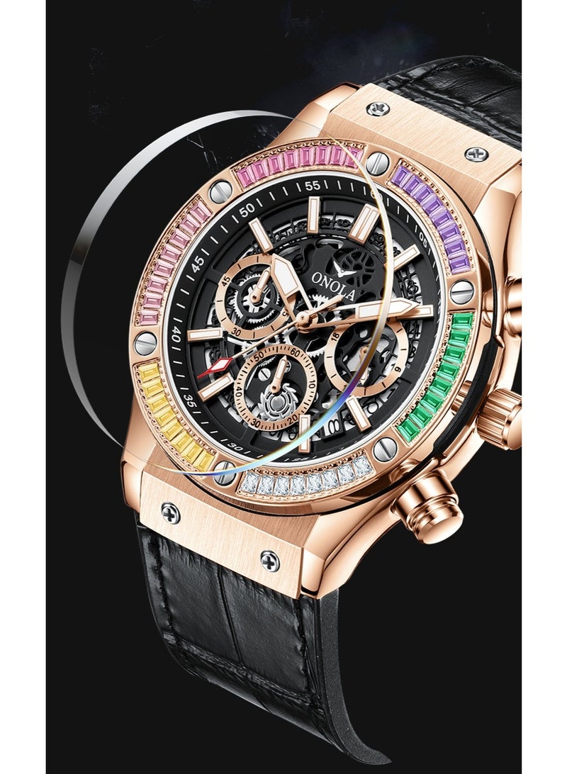 ONOLA Stylish Rainbow Diamond Genuine Leather Multifunctional Waterproof Quartz Watch - Image 5