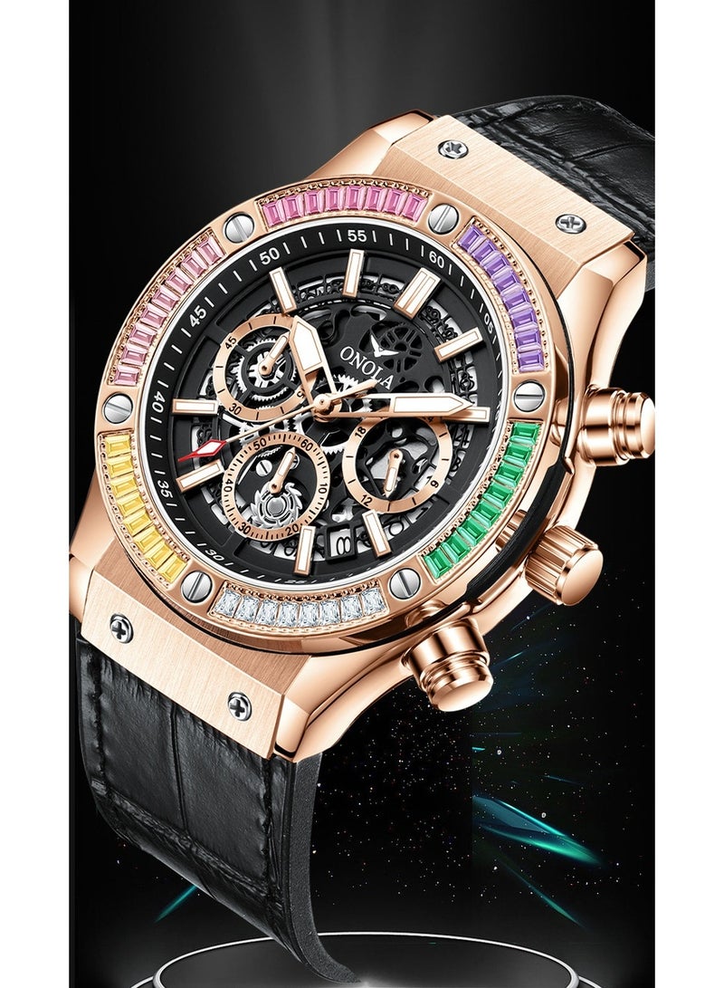 ONOLA Stylish Rainbow Diamond Genuine Leather Multifunctional Waterproof Quartz Watch - Image 4