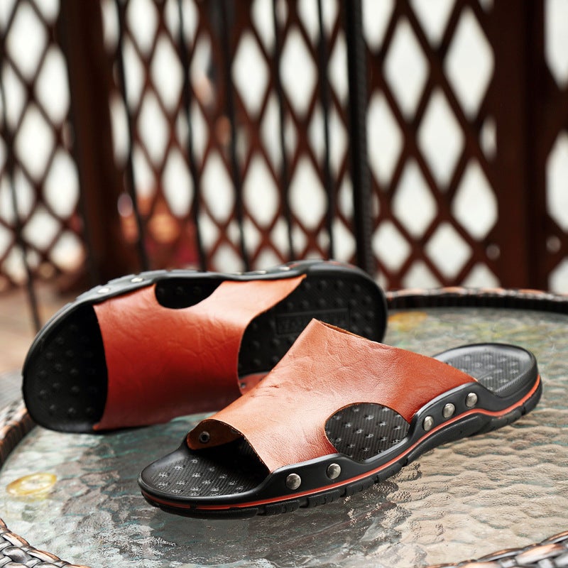 [Real Cowhide] Men'S Real Leather Slippers Summer One-Word Slippers Fashion Men'S Sandals Plus Size Non-Slip Wear-Resistant Men'S Sandals - Image 3