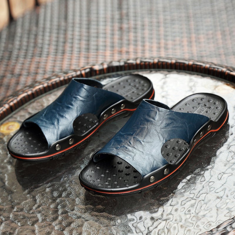 [Real Cowhide] Men'S Real Leather Slippers Summer One-Word Slippers Fashion Men'S Sandals Plus Size Non-Slip Wear-Resistant Men'S Sandals - Image 2