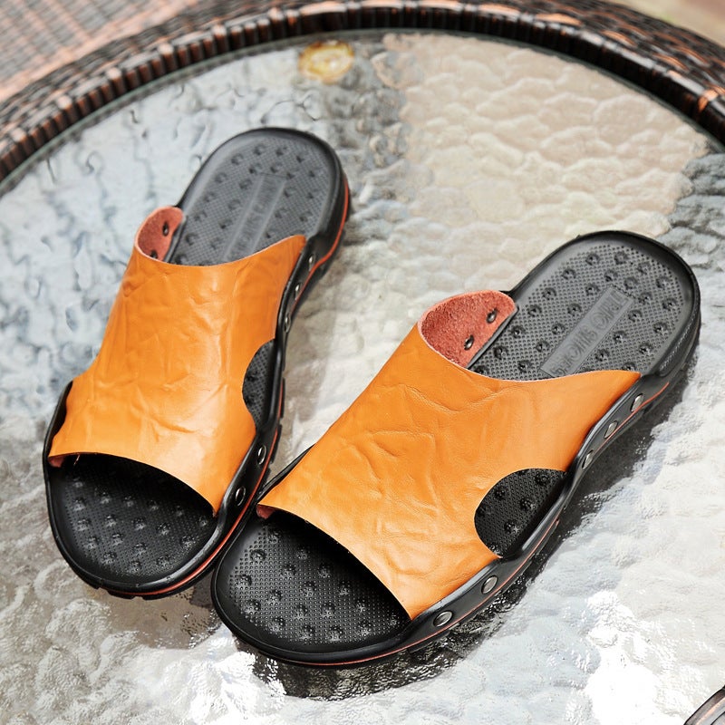 [Real Cowhide] Men'S Real Leather Slippers Summer One-Word Slippers Fashion Men'S Sandals Plus Size Non-Slip Wear-Resistant Men'S Sandals - Image 4