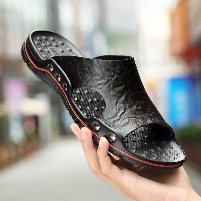 [Real Cowhide] Men'S Real Leather Slippers Summer One-Word Slippers Fashion Men'S Sandals Plus Size Non-Slip Wear-Resistant Men'S Sandals - Image 1