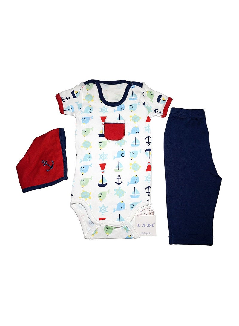 LADI 3-Piece Printed Gift Set Bodysuit & Pant & Bib for Baby Dark Blue Colour - Image 1