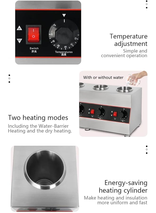 إيروريكس سخان صلصة 30~85 درجة مئوية مع مقبض ميكانيكي للتحكم في درجة الحرارة، آلة حفظ حرارة المربى التجارية للكاتشب والشوكولاتة والجبن والفدج والكراميل بأربع شبكات - Image 4