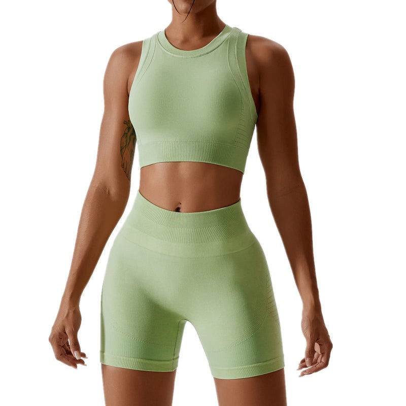 ABOCIW Workout Sets for Women Seamless Racerback Sport Bra Padded Yoga Tank Tops Tummy Control High Waist Biker Shorts Gym Yoga 2 Piece Outfits Light Green Large