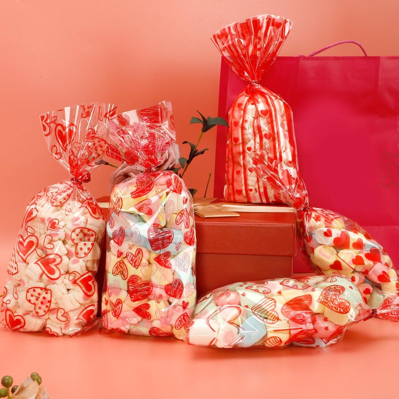 Boeiac Valentine Treat Bags  200 Pcs Valentines Cellophane Treat Bags  Valentines Candy Bags  Valentines Cookie Gift Bags With 200 Pcs Twist Ties For Valentines Wedding Party Favor Supplies  5 Styles - Image 3