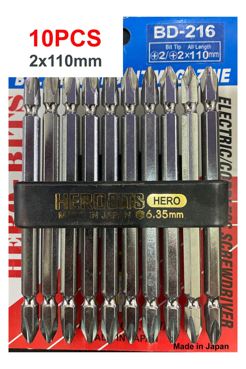 Hero Screwdriver Power Bit 2x110mm 2 Phillips Bit  Pack of 10 bits chrome - Image 1