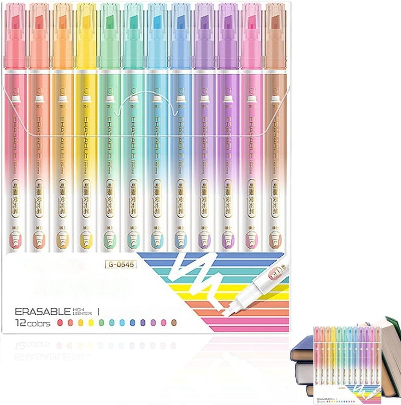 KASTWAVE Erasable Highlighters Chisel Tip, 12 Colors Double Head Smooth Writing Highlighters, Chisel Tip High Color Rendering Markers, No Bleed Smudge Smear Liquid Highlighters For Journaling, Drawing - Image 1