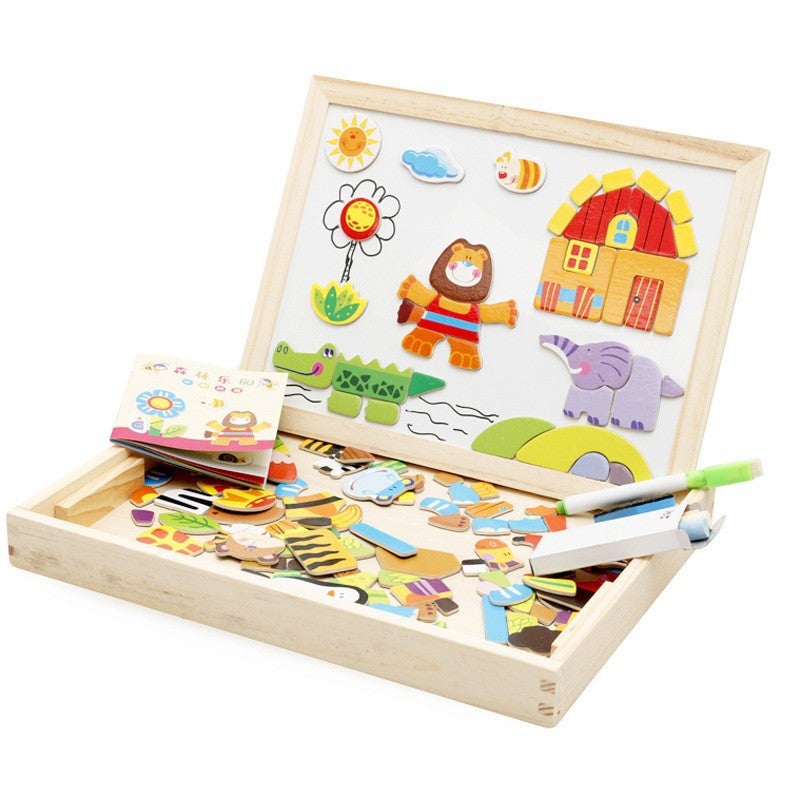 Children's Wooden Multifunctional Puzzle Puzzle Animal Puzzle Double-Sided Magnetic Drawing Board Children's Educational Puzzle Toy(Forest Paradise Spelling) - Image 1