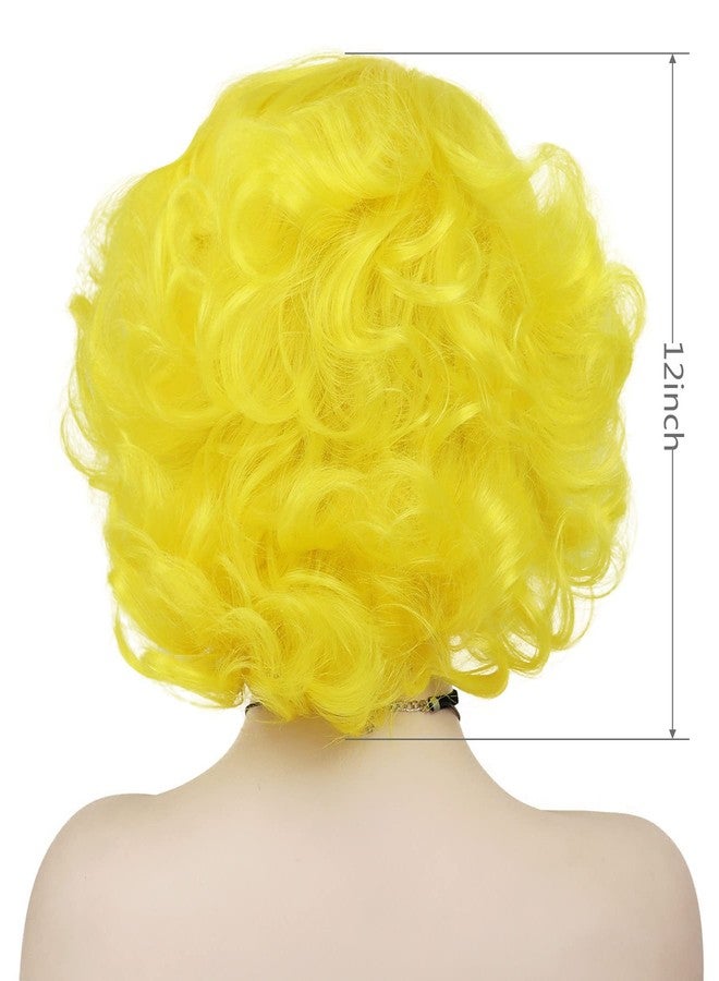 GNIMEGIL Cosplay Yellow Wig Short Curly Hair Big Bob Layered Finger Wavy Synthetic Wigs for White Women Carnival Party Halloween Costume Wig with Weaving Cap 1960s Lemon Yellow - Image 2