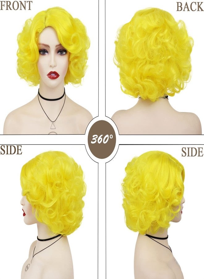 GNIMEGIL Cosplay Yellow Wig Short Curly Hair Big Bob Layered Finger Wavy Synthetic Wigs for White Women Carnival Party Halloween Costume Wig with Weaving Cap 1960s Lemon Yellow - Image 3