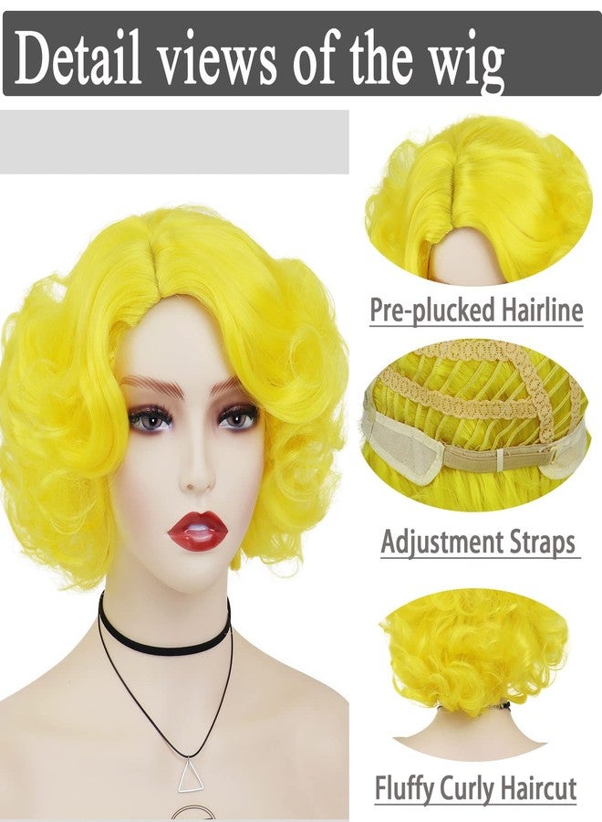 GNIMEGIL Cosplay Yellow Wig Short Curly Hair Big Bob Layered Finger Wavy Synthetic Wigs for White Women Carnival Party Halloween Costume Wig with Weaving Cap 1960s Lemon Yellow - Image 4