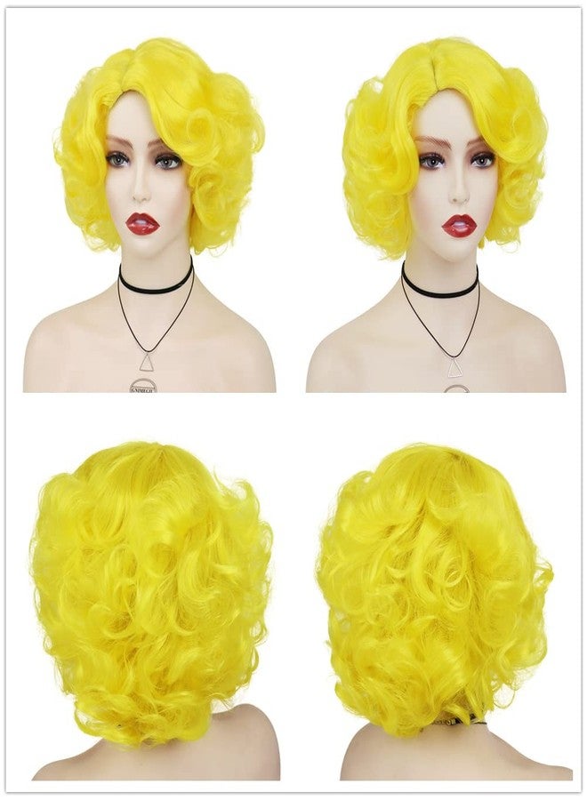 GNIMEGIL Cosplay Yellow Wig Short Curly Hair Big Bob Layered Finger Wavy Synthetic Wigs for White Women Carnival Party Halloween Costume Wig with Weaving Cap 1960s Lemon Yellow - Image 5