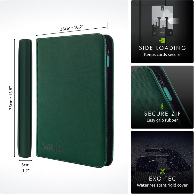 Vault X 9 Pocket Trading Card Zip Binder, 360 Cards, Premium Exo-Tec Album Material, 20 Side-Loading Pages, Folder for Collectible Games, Sports, TCG (Green) - Image 2