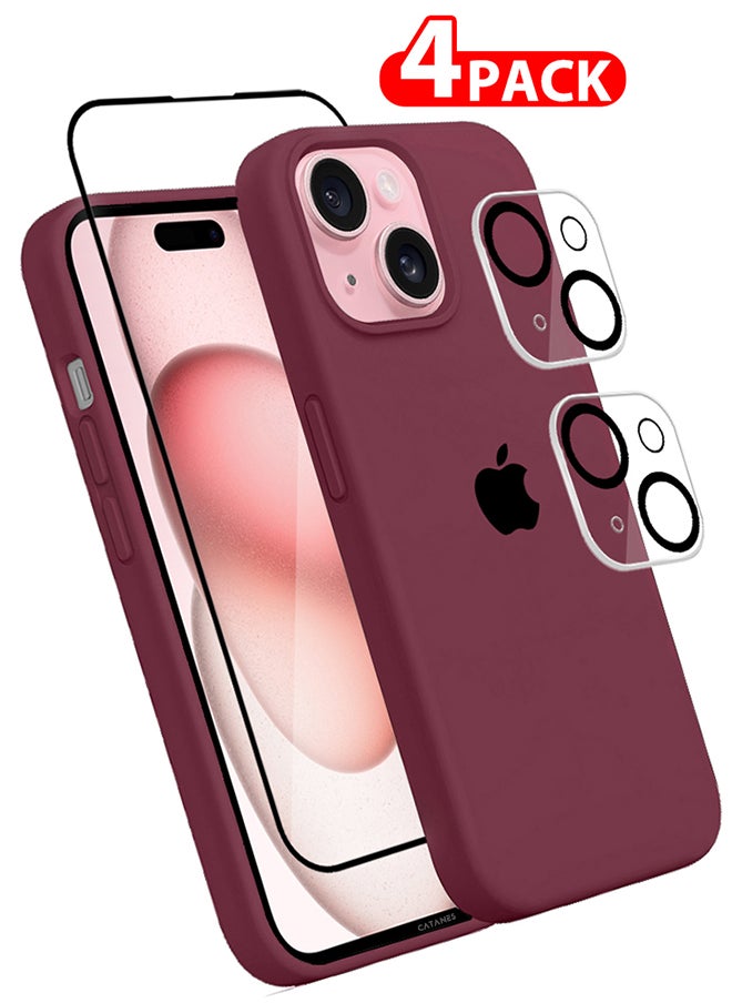CATANES 4 Packs For iPhone 15 Plus Case Screen Protector and 2 Camera Lens Protectors Upgrade Defender Silicone Cover Shockproof Anti-Scratch Protective Phone Case Dark Red  - Image 1