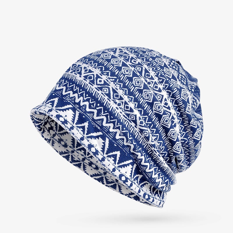 Spring Autumn and Winter Pullover Cap Women's Moon Hat Bib Dual-purpose Ethnic Style Velvet Warm Tapes Hat Women's Bag Headgear Style 4 Blue - Image 1