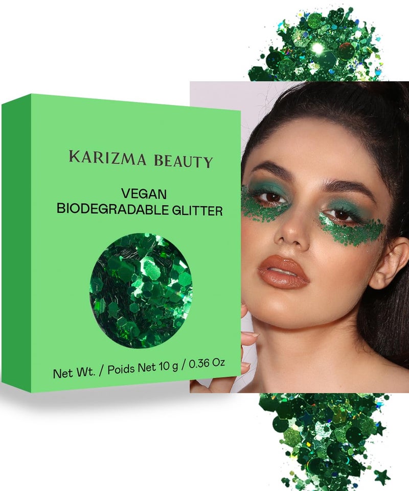 KARIZMA Vegan Biodegradable Chunky Glitter  Karizma Beauty Green Bio Glitter Eco Glitter Face Glitter Festival Chunky 8g 