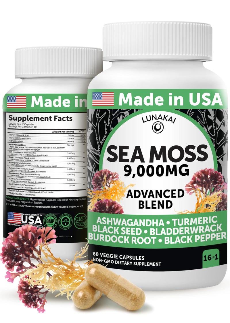 Lunakai USA Made Irish Sea Moss Capsules with Black Seed Oil Ashwagandha Burdock Root Bladderwrack 60ct