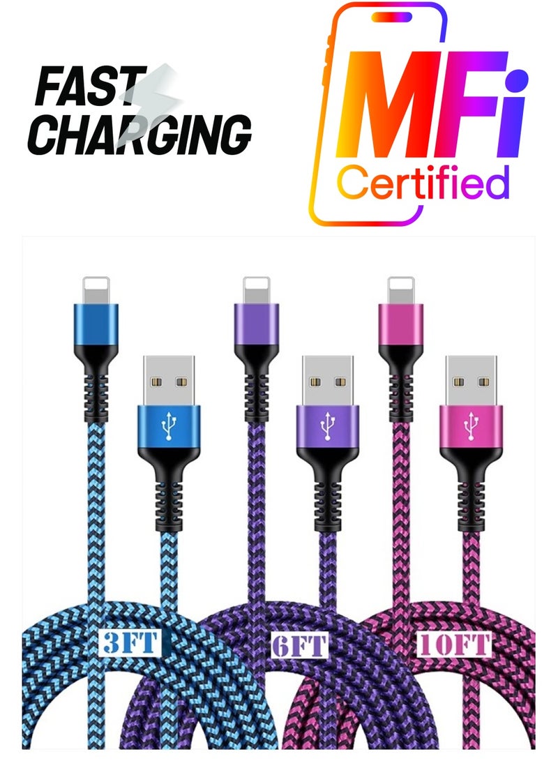 Haoano iPhone Charger [3/6/10ft], 3Pack Long Braided Cables, Fast Charging Power Charger Cords for iPhone 14/13 12 Pro Max/SE/11 Pro/11Pro Max/XS/XR/8/7/6S Plus, iPad mini, iPro Air, Touch USB Lightning Wire - Image 1