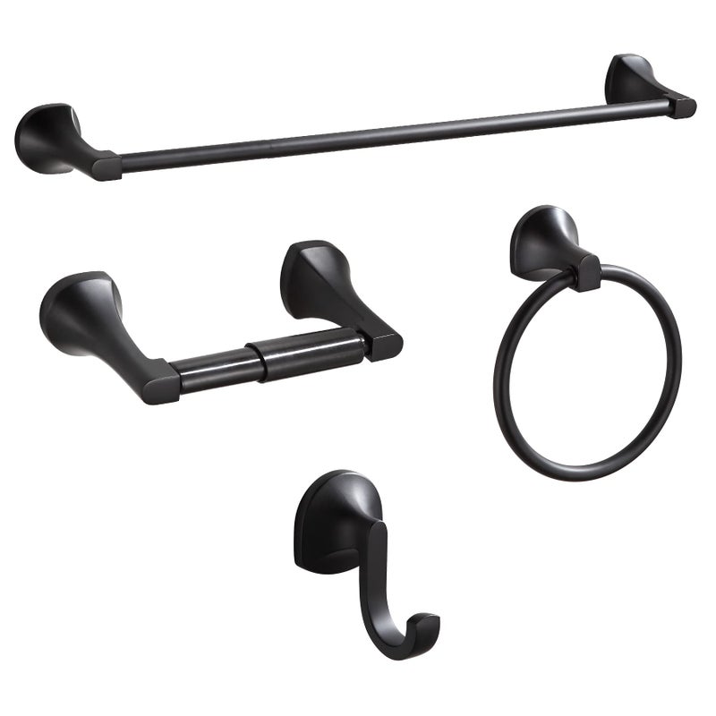 BGL Bathroom Hardware Set Matte Black Adjustable Expandable Towel Bar 4Piece Bathroom Accessory Set Wall Mounted Robe Hook Toilet Paper Holder Towel Ring Towel Bar