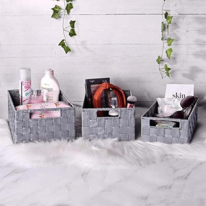 Bathroom Shelf Storage Box, Nylon and Metal Storage Basket, Woven Basket for Books or Organization, Size 30 * 20 * 14cm (Silver) - Image 3