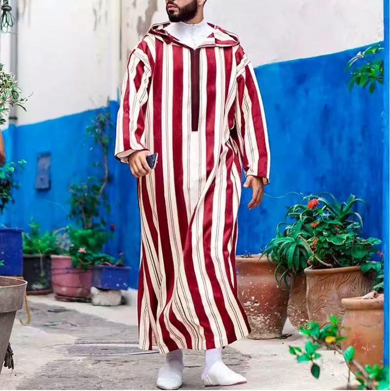 Men's Striped Hooded Kaftan Robe - Image 5