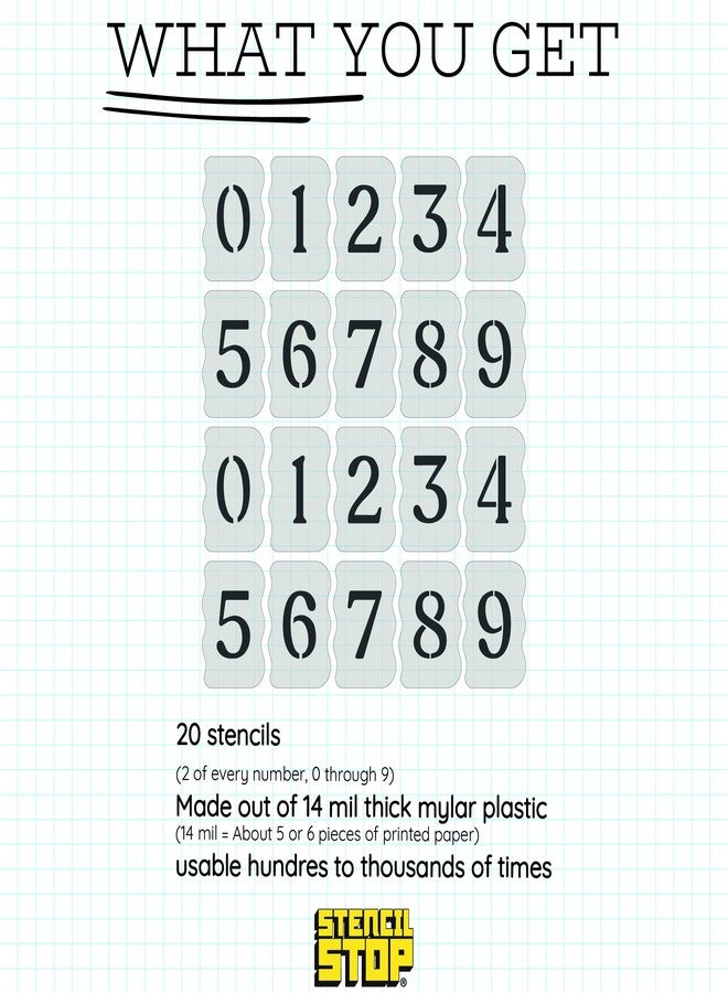 Stencil Stop 6 Inch Number Stencils Set - Complete Set with All Numbers, Durable & Reusable Soft Serif Font Stencil for Concrete, Metal, DIY, and Industrial Use - Includes 2 of Each Character (20-Piece) - Image 3
