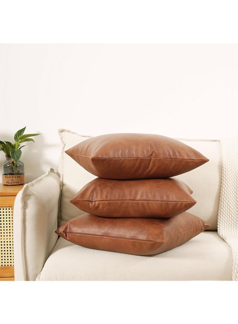 Aikanbo 45*45cm Pu Faux Leather Throw Pillow Covers，Thick Cognac Brown Modern Solid Decorative Square Bedroom Living Room Cushion Cases for Couch Bed Sofa（Brown，Excluding Pillow Core） - Image 2