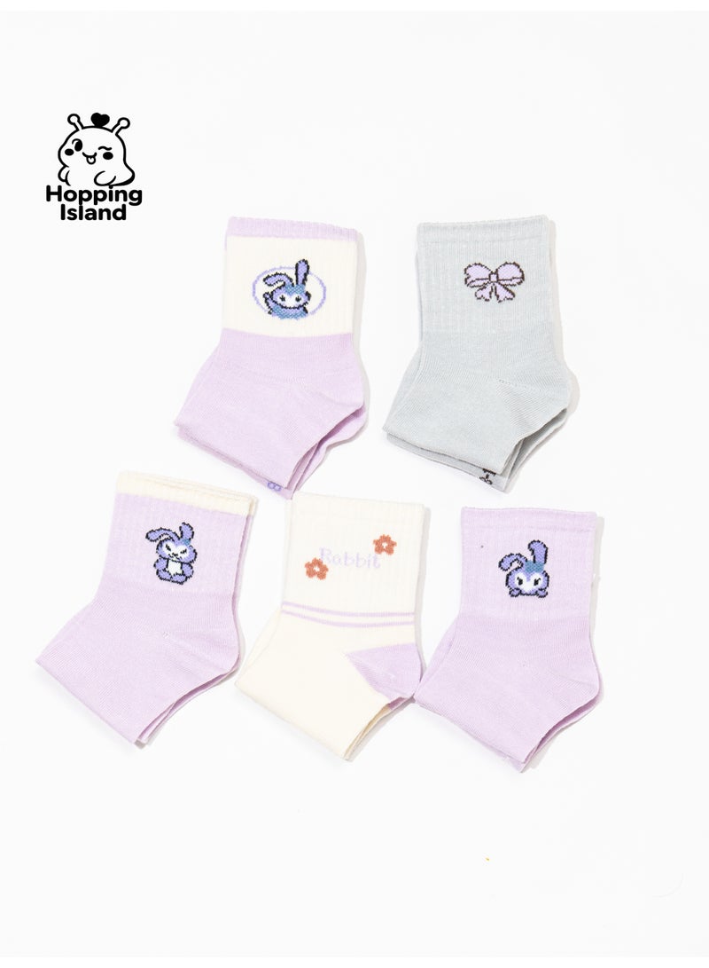 Hopping Island Kids Socks 5Pairs Children Boy Girl Purple Bunny Pattern Size S [HI] - Image 4