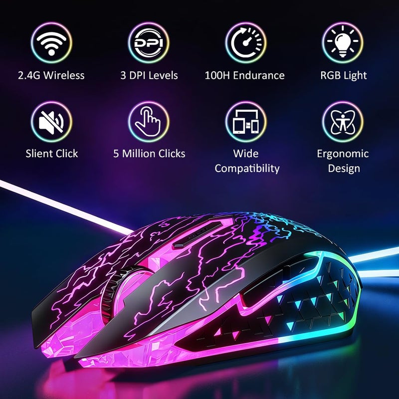 VersionTECH . Wireless Gaming Mouse, Rechargeable Computer Mouse Mice with Colorful LED Lights, Silent Click, 2.4G USB Nano Receiver, 3 Level DPI for PC Gamer Laptop Desktop Chromebook Mac-Black - Image 2